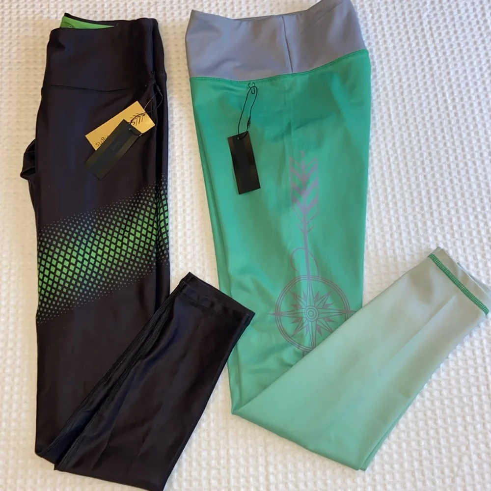 NEW! $78 SCOUT DESIGNS Size MEDIUM Black Leggings Green Geometric Dots Stripes - Picture 9 of 13